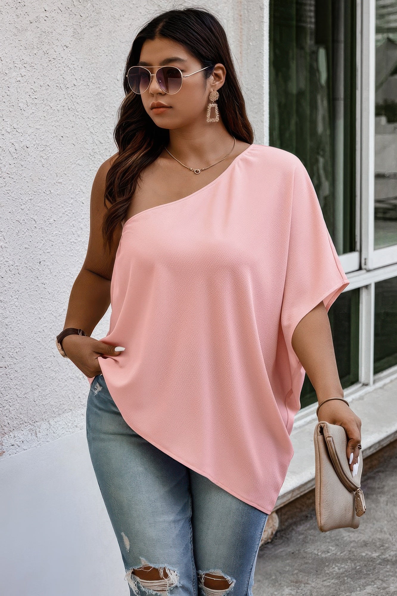 Plus One Shoulder Solid Casual Loose Fit Shirt See size chart under “more details”