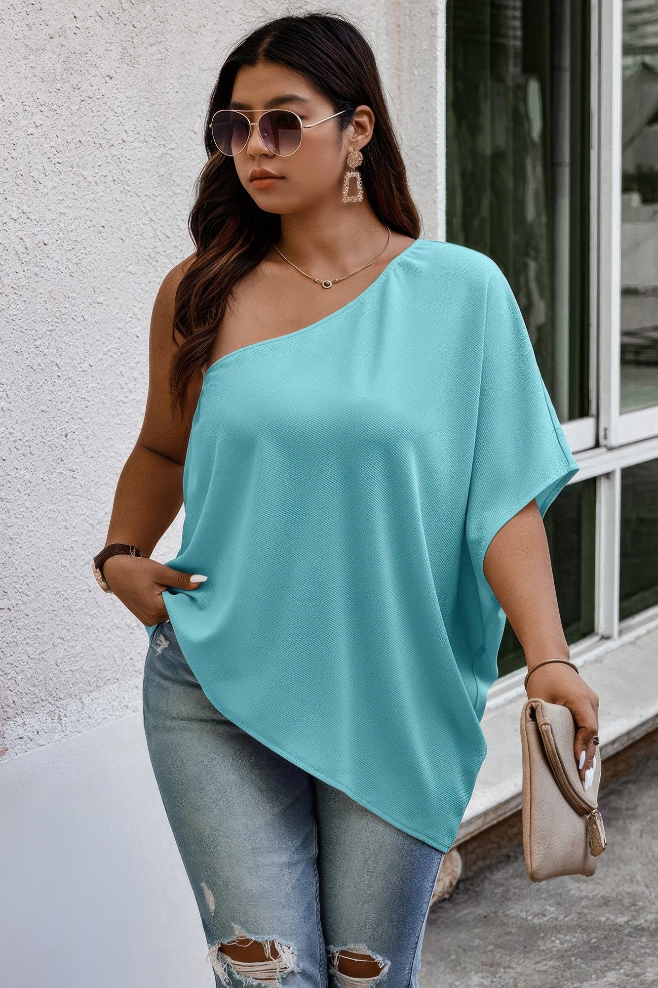 Plus One Shoulder Solid Casual Loose Fit Shirt See size chart under “more details”