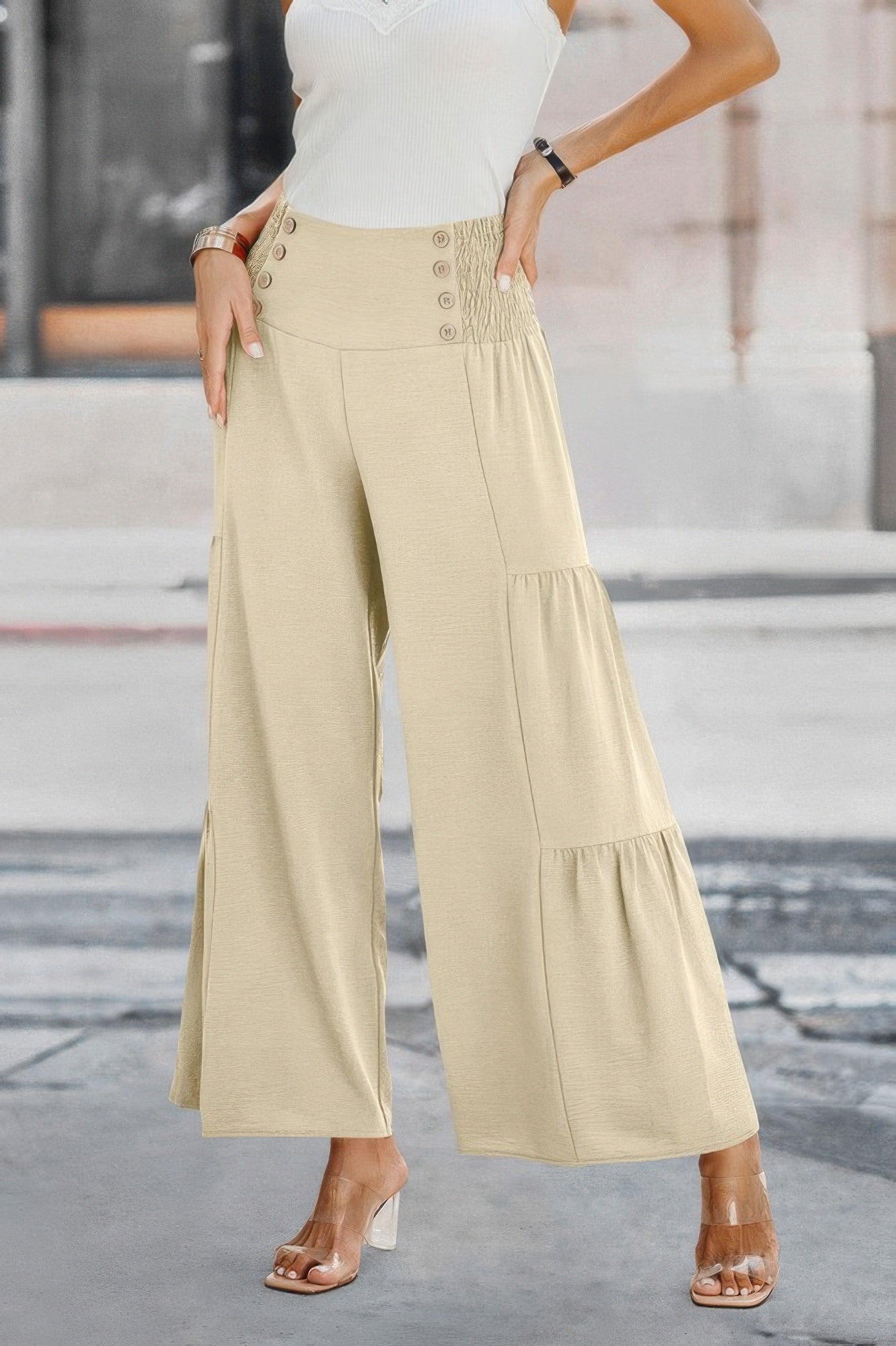 Elastic High Waist Wide Leg Long Palazzo Pants See size chart under “more details”