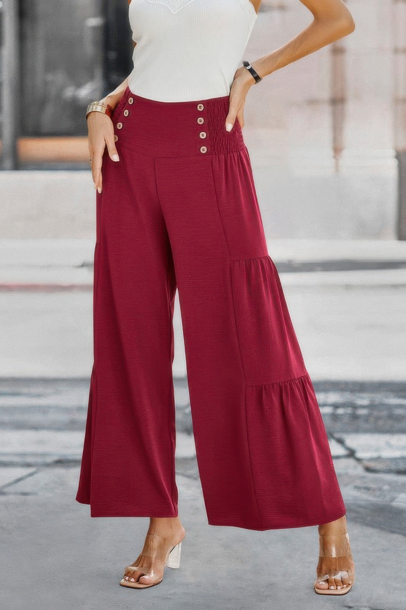 Elastic High Waist Wide Leg Long Palazzo Pants See size chart under “more details”