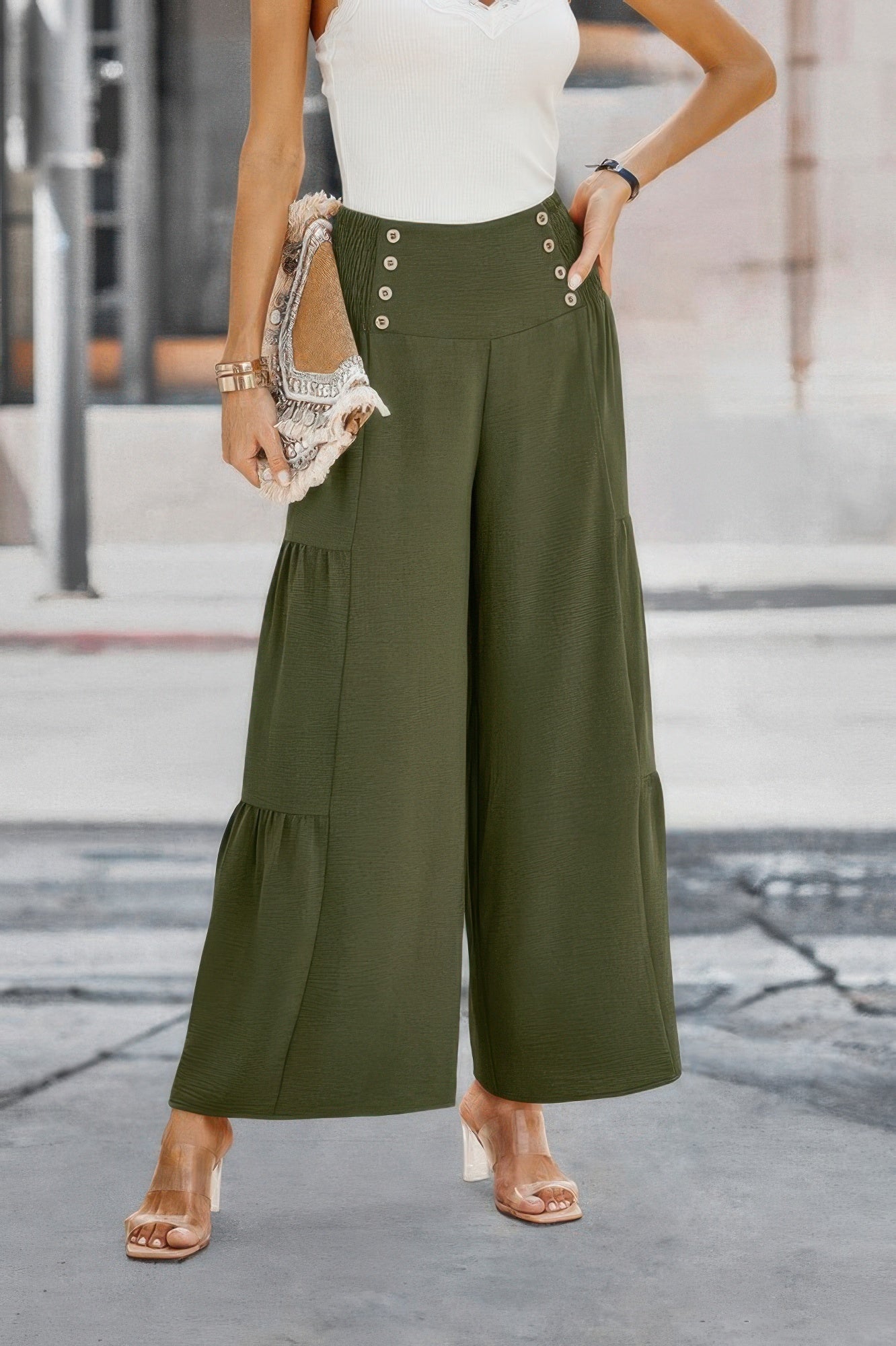 Elastic High Waist Wide Leg Long Palazzo Pants See size chart under “more details”