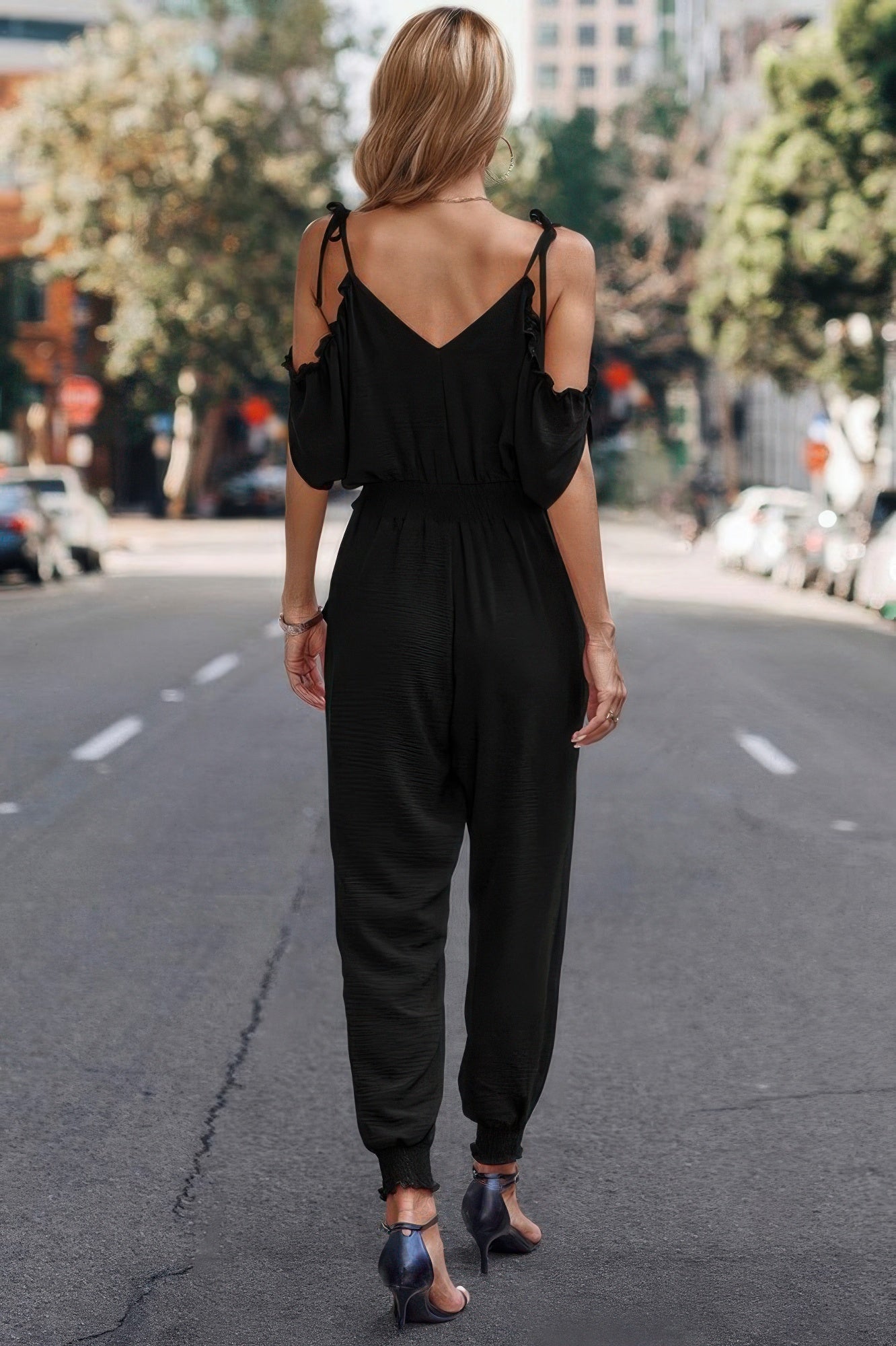 Solid Wrap V Neck Cold Shoulder Outfits Jumpsuit See size chart under “more details”