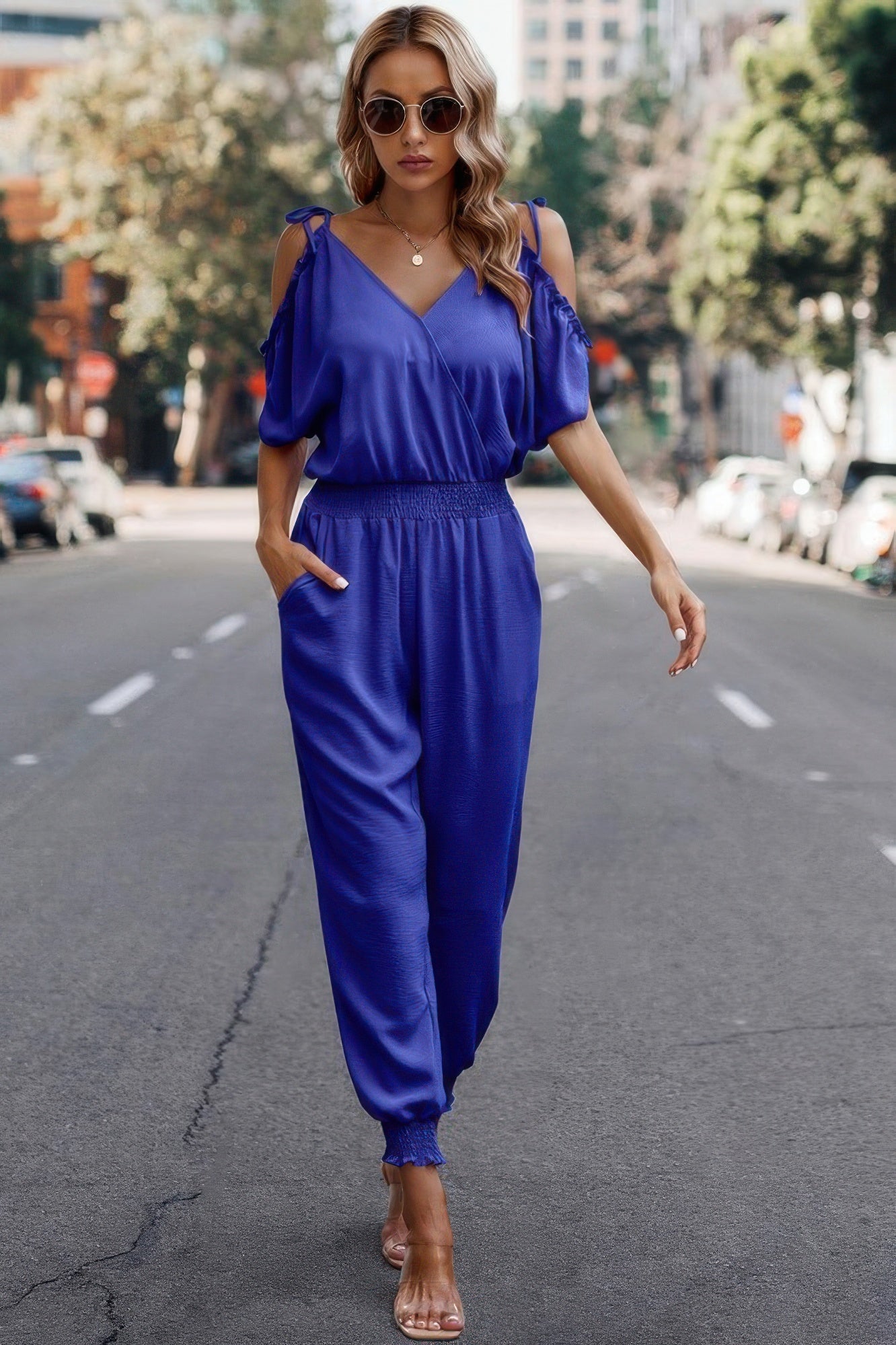 Solid Wrap V Neck Cold Shoulder Outfits Jumpsuit See size chart under “more details”