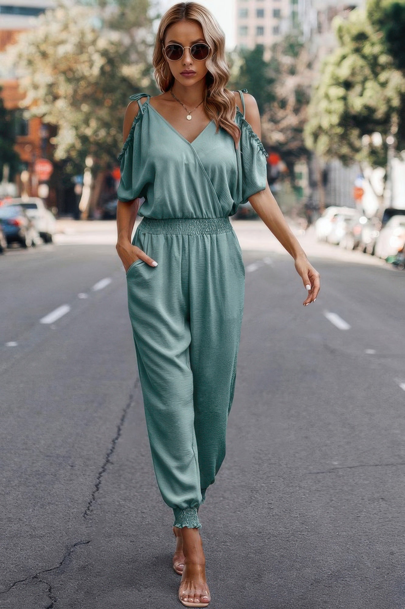 Solid Wrap V Neck Cold Shoulder Outfits Jumpsuit See size chart under “more details”