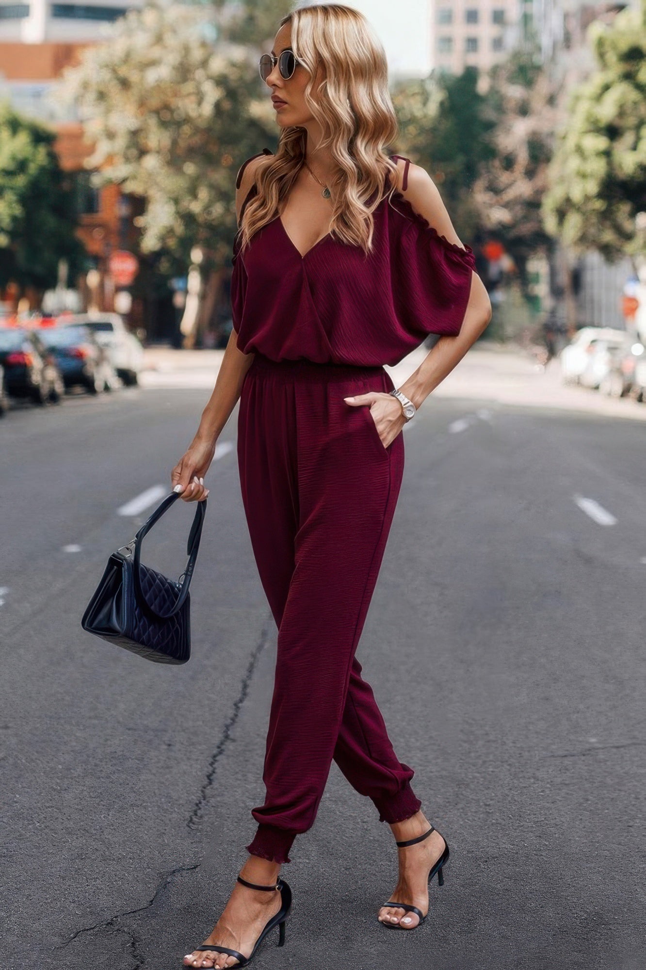 Solid Wrap V Neck Cold Shoulder Outfits Jumpsuit See size chart under “more details”