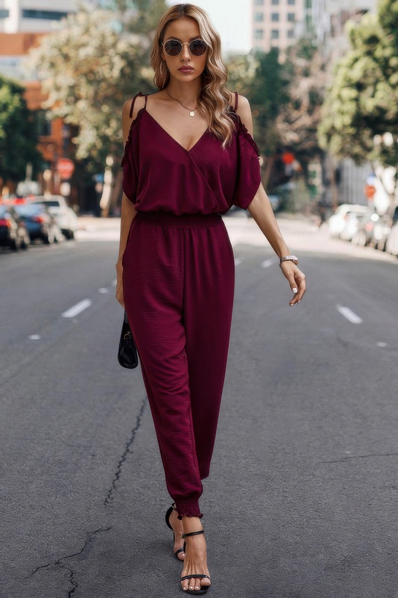 Solid Wrap V Neck Cold Shoulder Outfits Jumpsuit See size chart under “more details”
