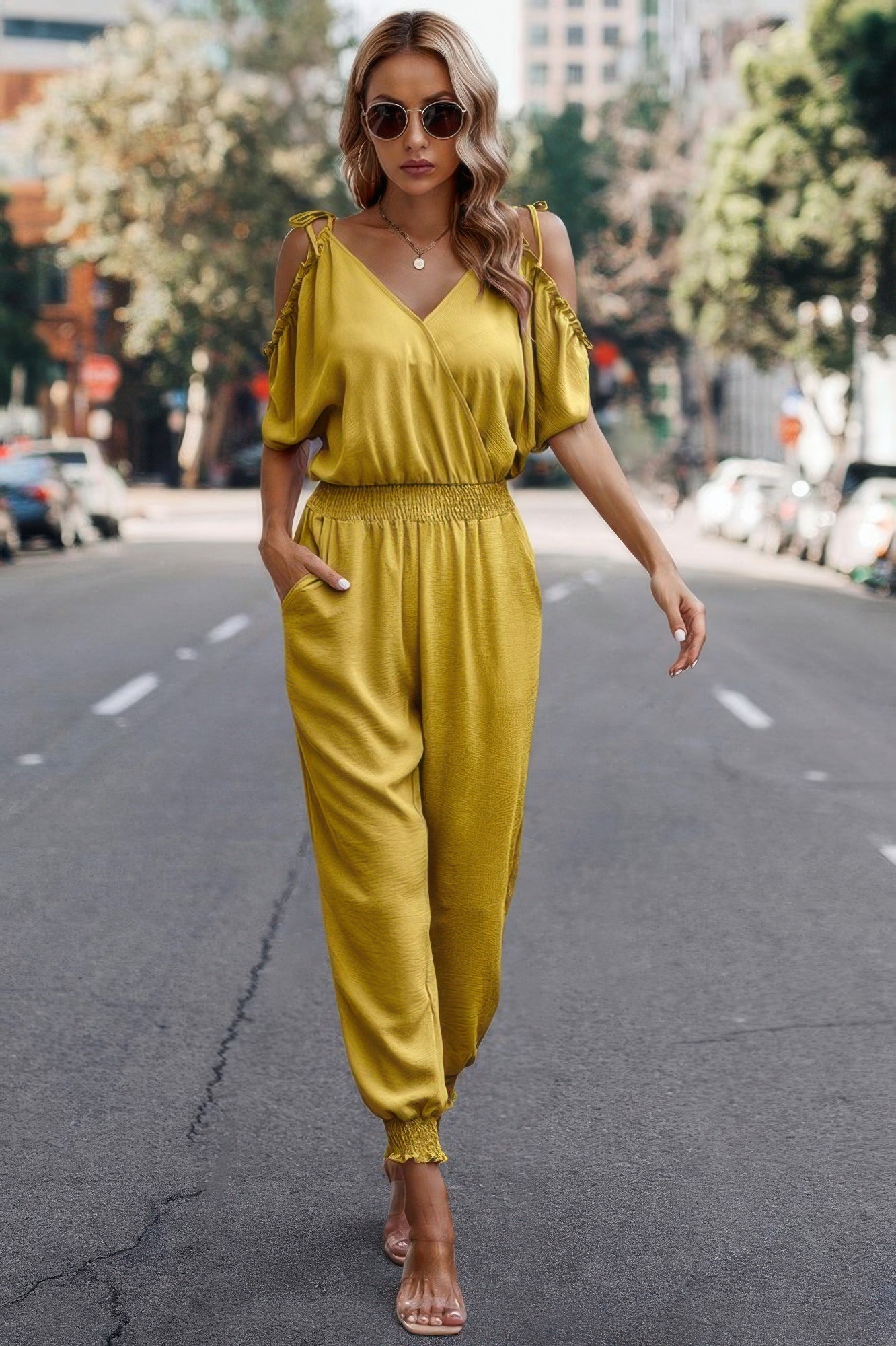 Solid Wrap V Neck Cold Shoulder Outfits Jumpsuit See size chart under “more details”