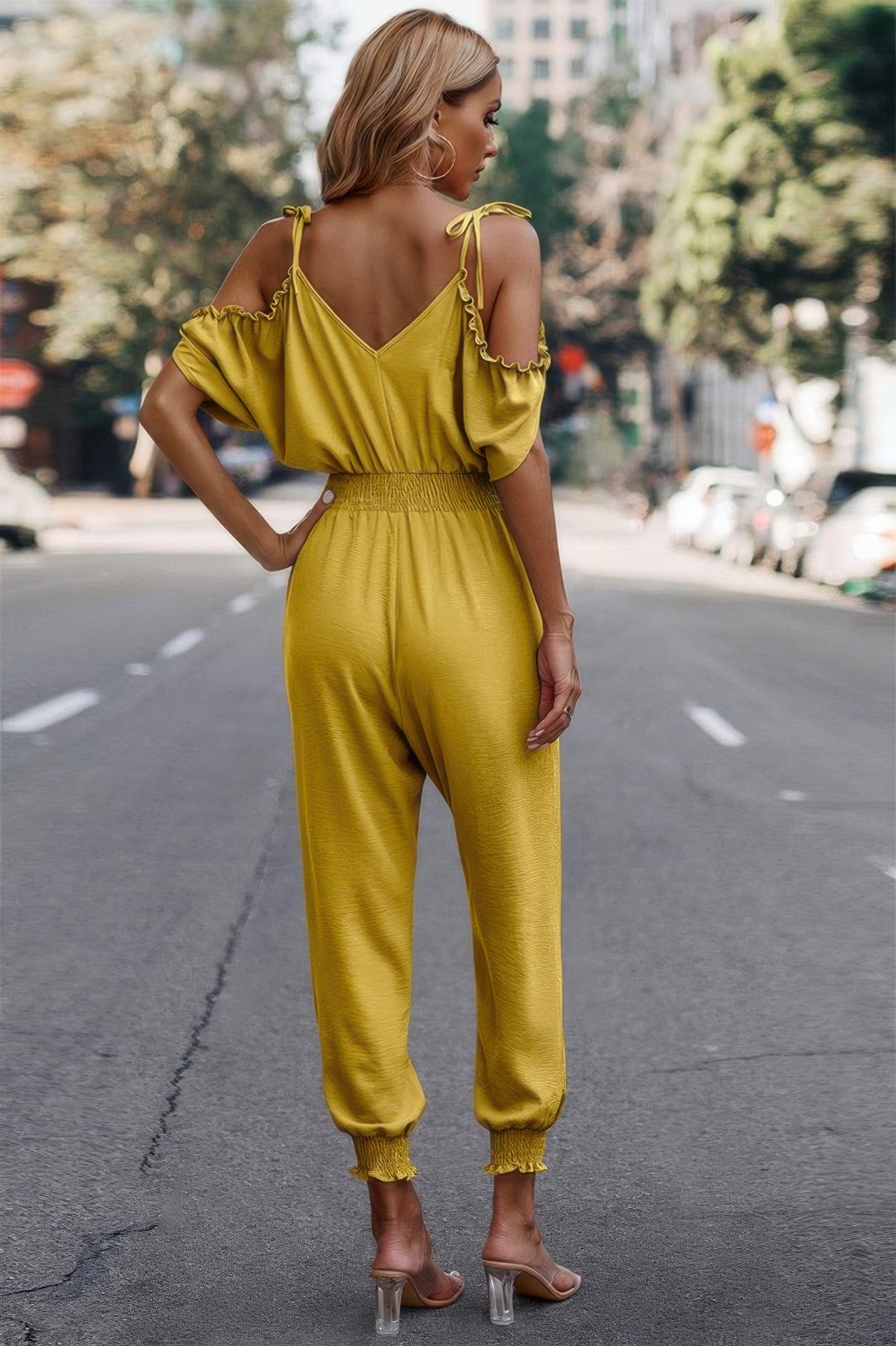 Solid Wrap V Neck Cold Shoulder Outfits Jumpsuit See size chart under “more details”