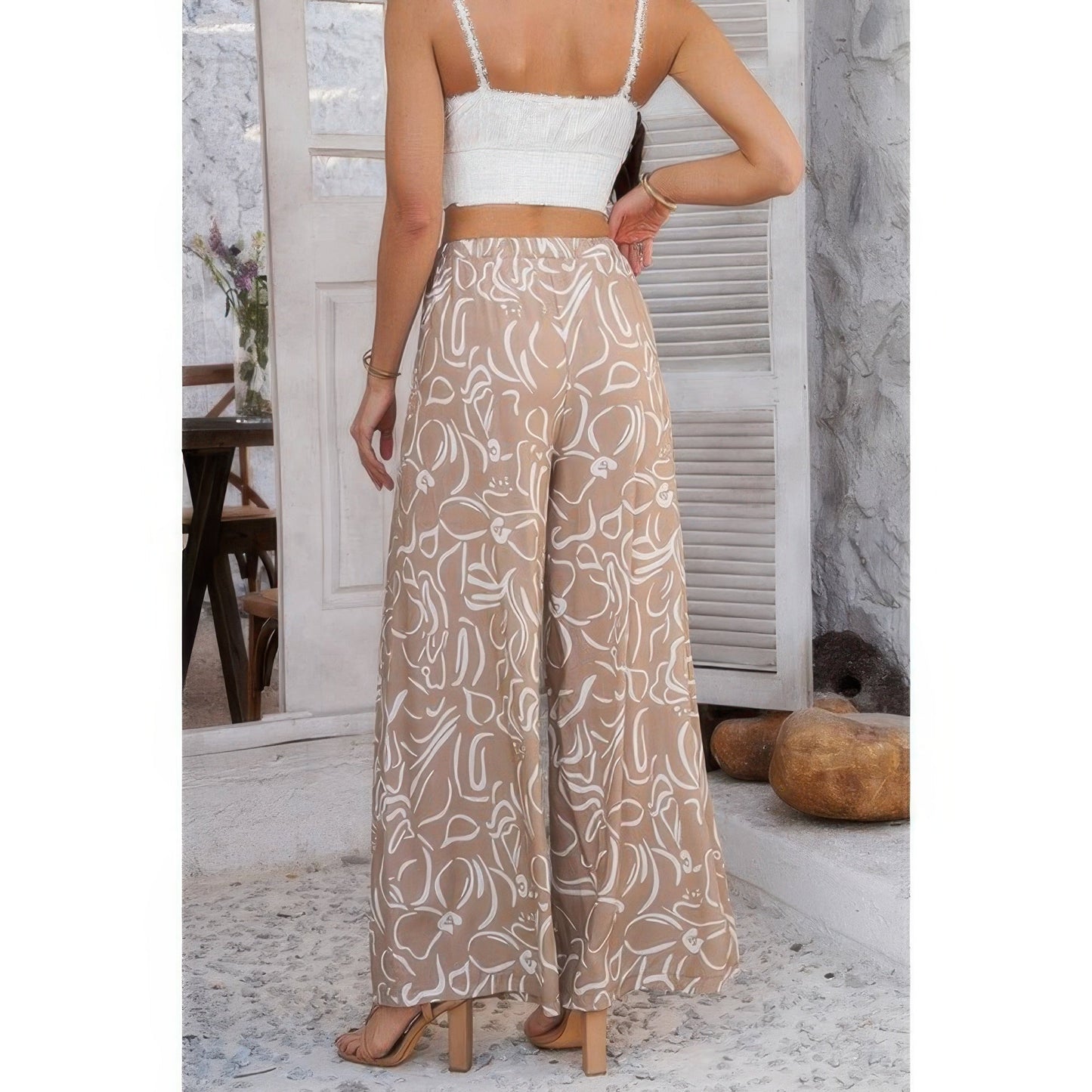 Allover Print Drawstring Pockets Wide Leg Pants See size chart under “more details”