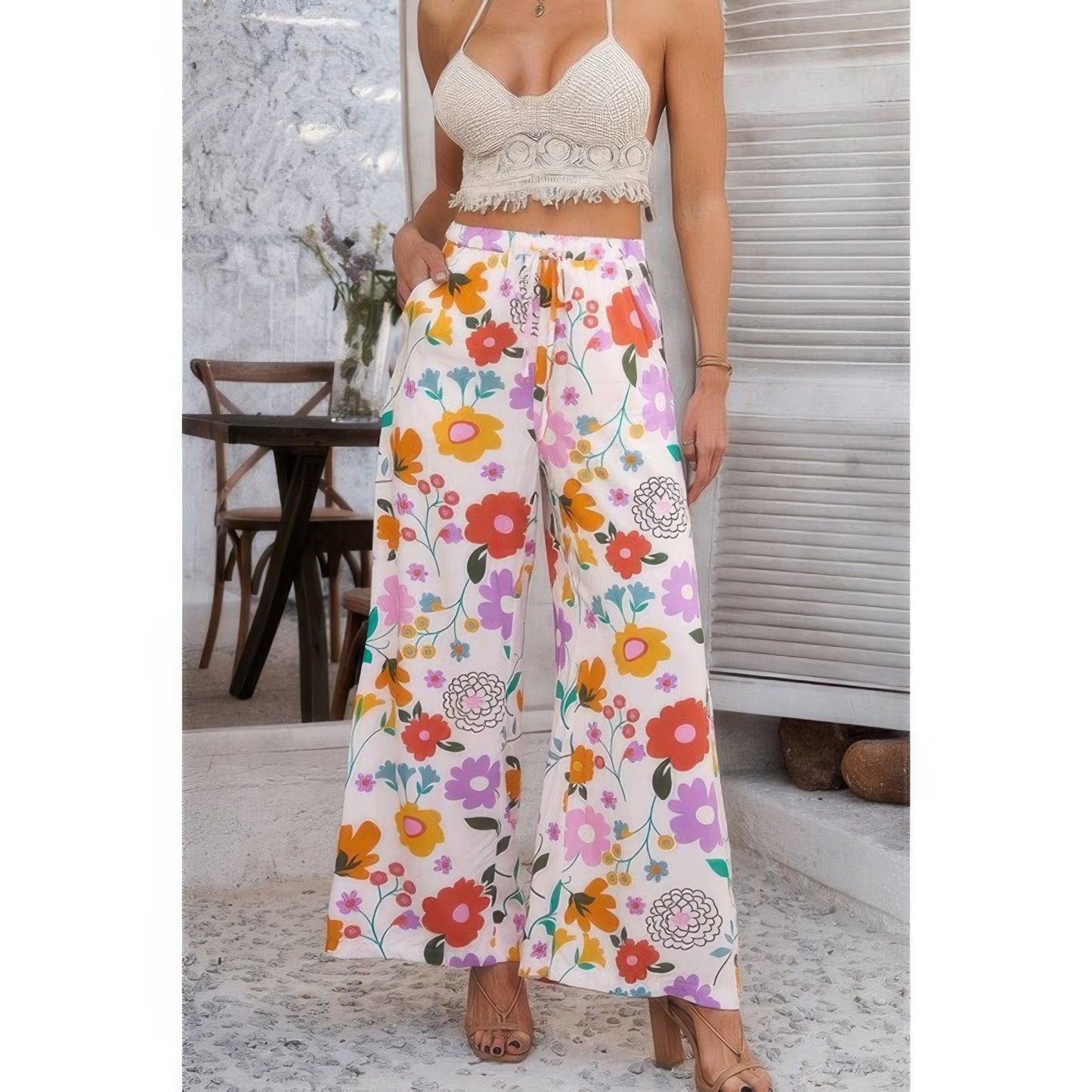 Allover Print Drawstring Pockets Wide Leg Pants See size chart under “more details”