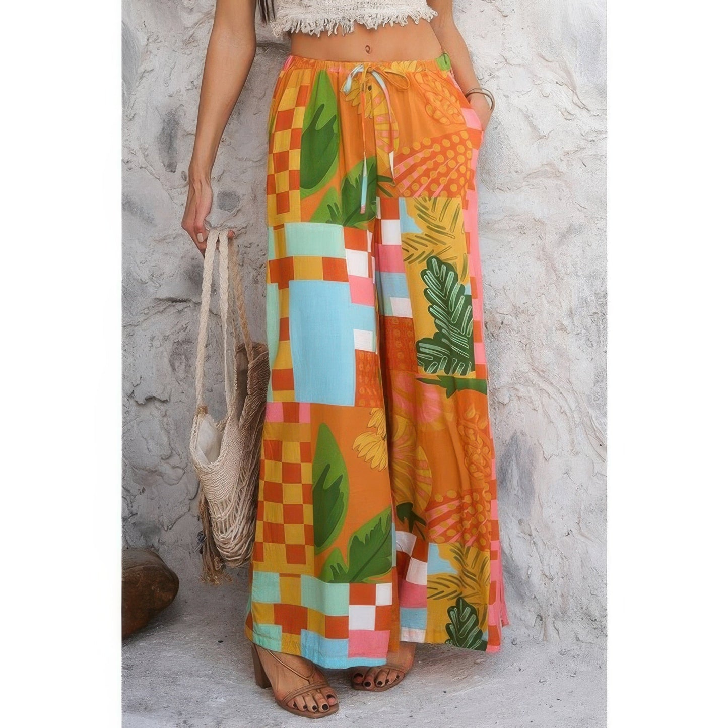 Allover Print Drawstring Pockets Wide Leg Pants See size chart under “more details”