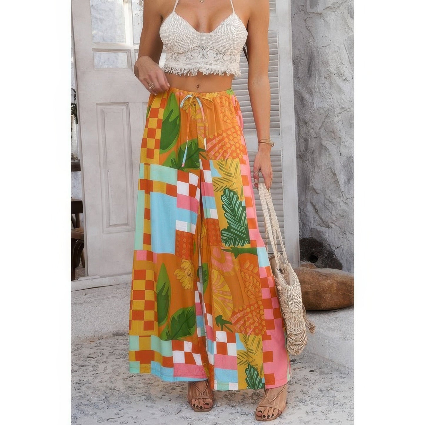 Allover Print Drawstring Pockets Wide Leg Pants See size chart under “more details”