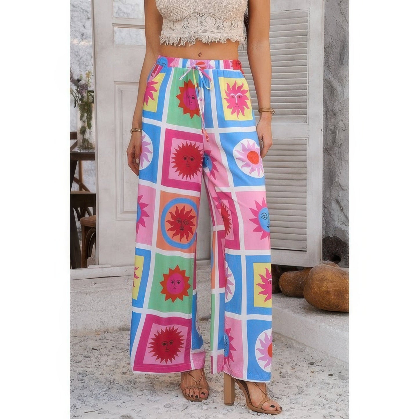 Allover Print Drawstring Pockets Wide Leg Pants See size chart under “more details”