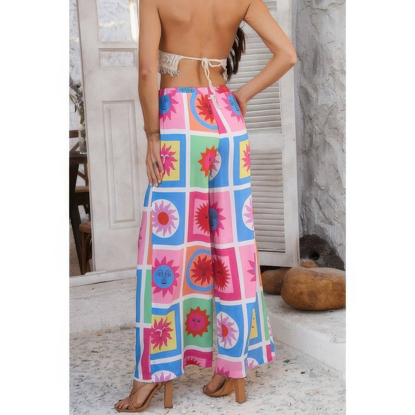Allover Print Drawstring Pockets Wide Leg Pants See size chart under “more details”