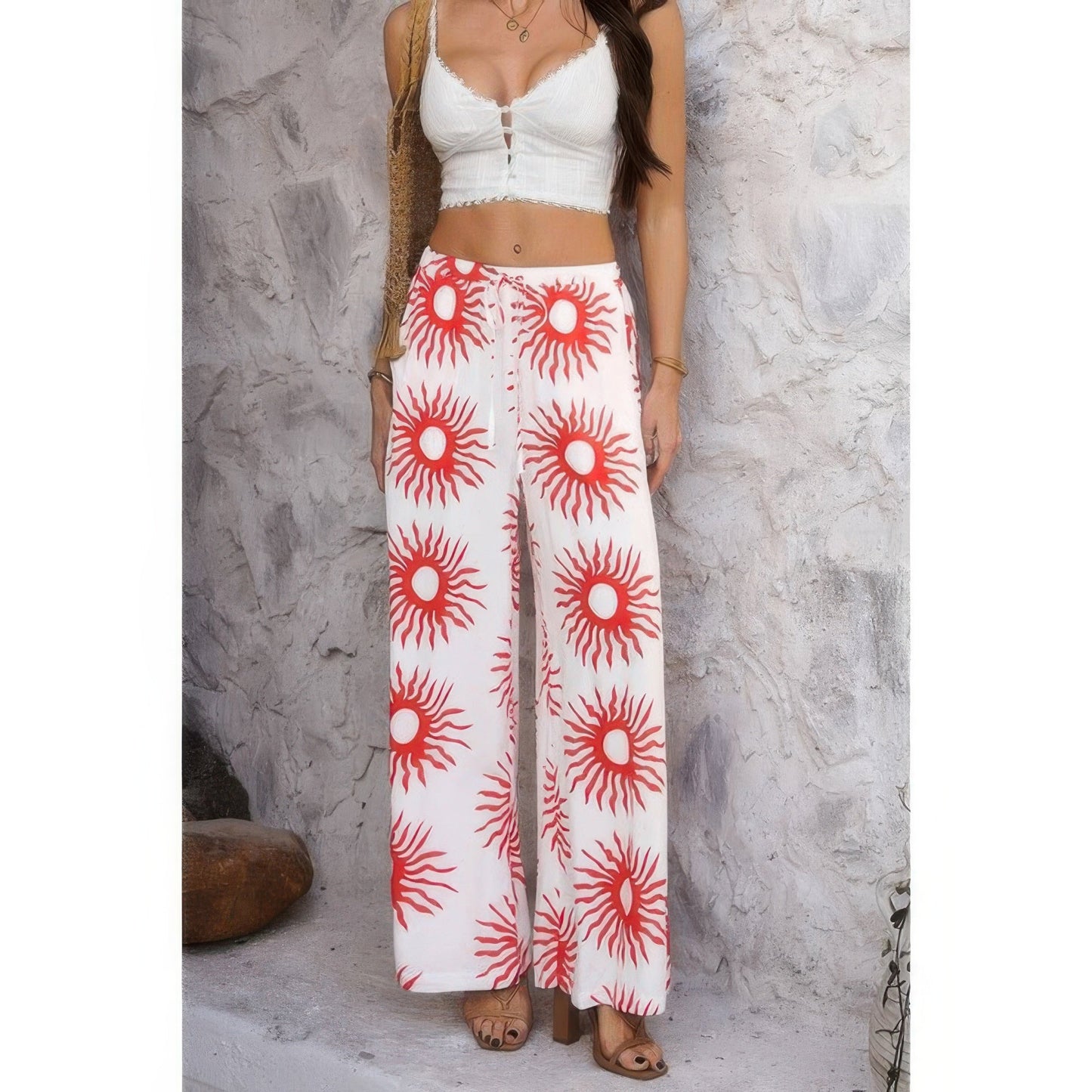 Allover Print Drawstring Pockets Wide Leg Pants See size chart under “more details”