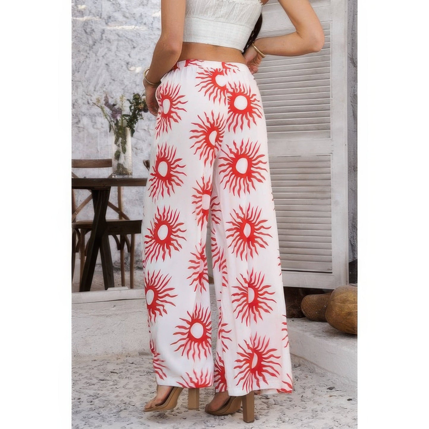 Allover Print Drawstring Pockets Wide Leg Pants See size chart under “more details”