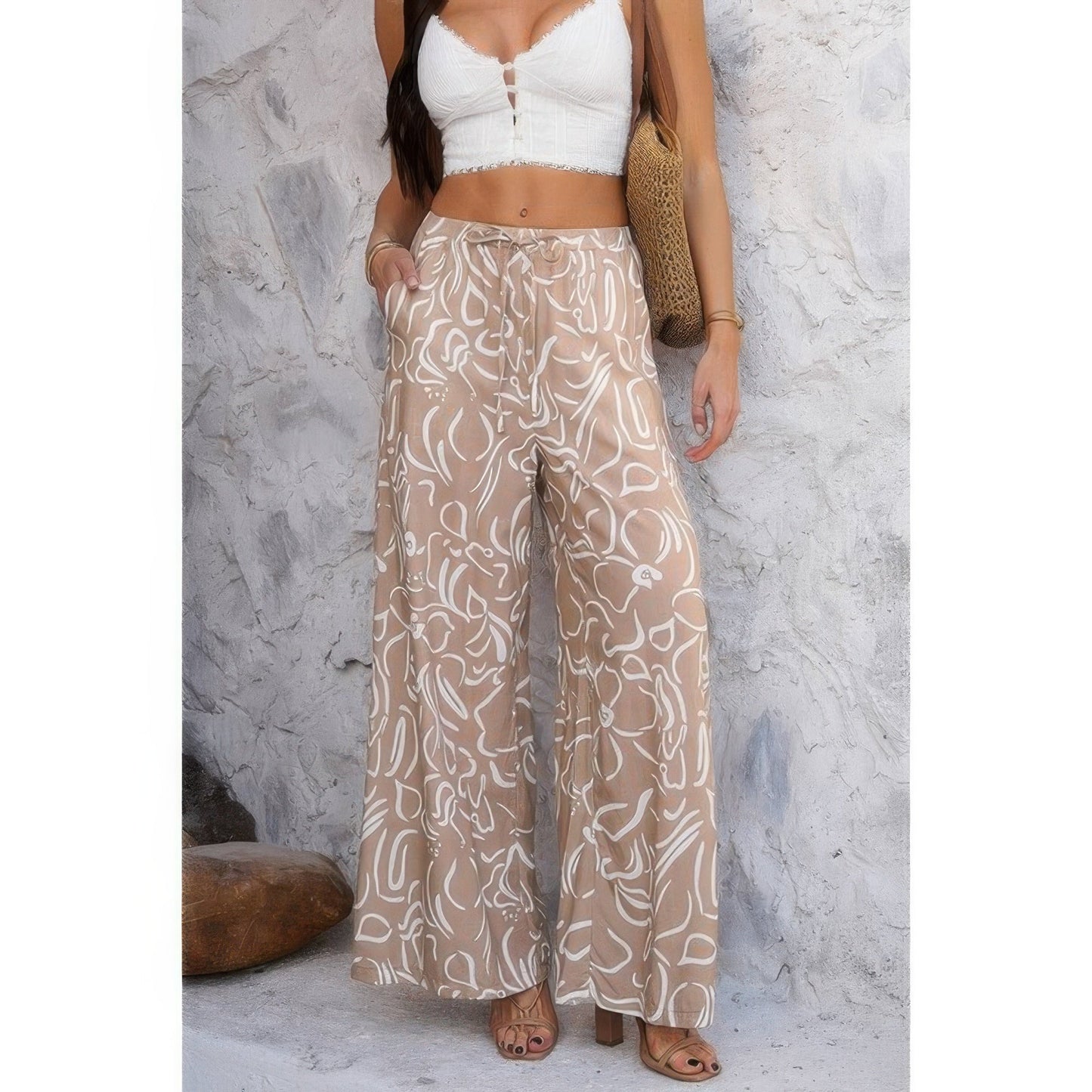Allover Print Drawstring Pockets Wide Leg Pants See size chart under “more details”