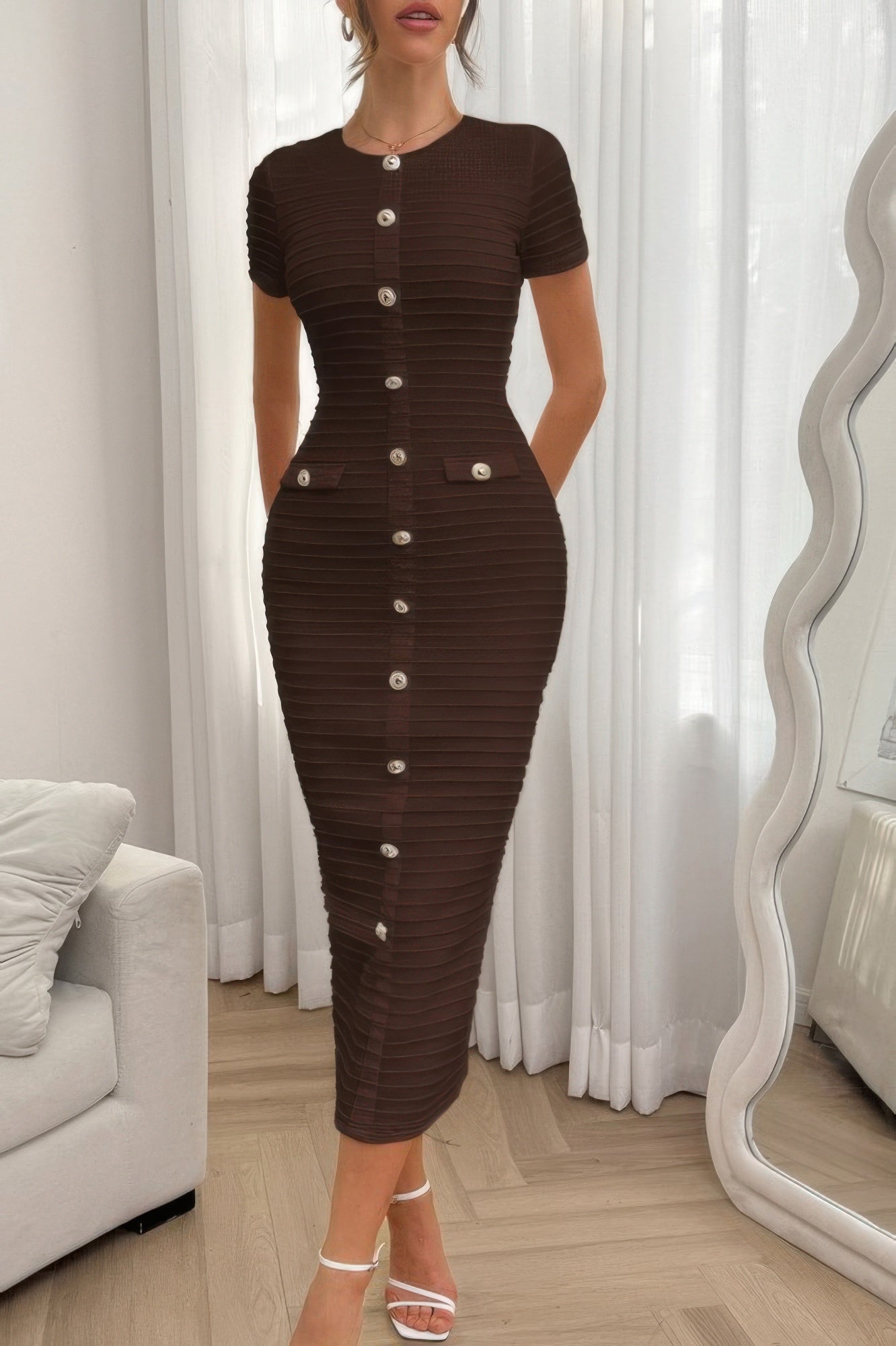 Solid Buckle Design Zipper Split Short Sleeve Dress See size chart under “more details”