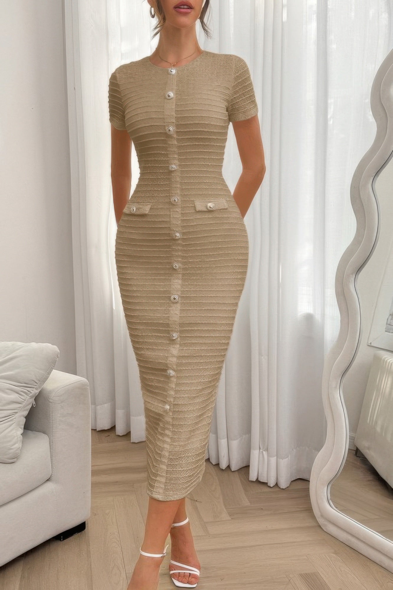 Solid Buckle Design Zipper Split Short Sleeve Dress See size chart under “more details”