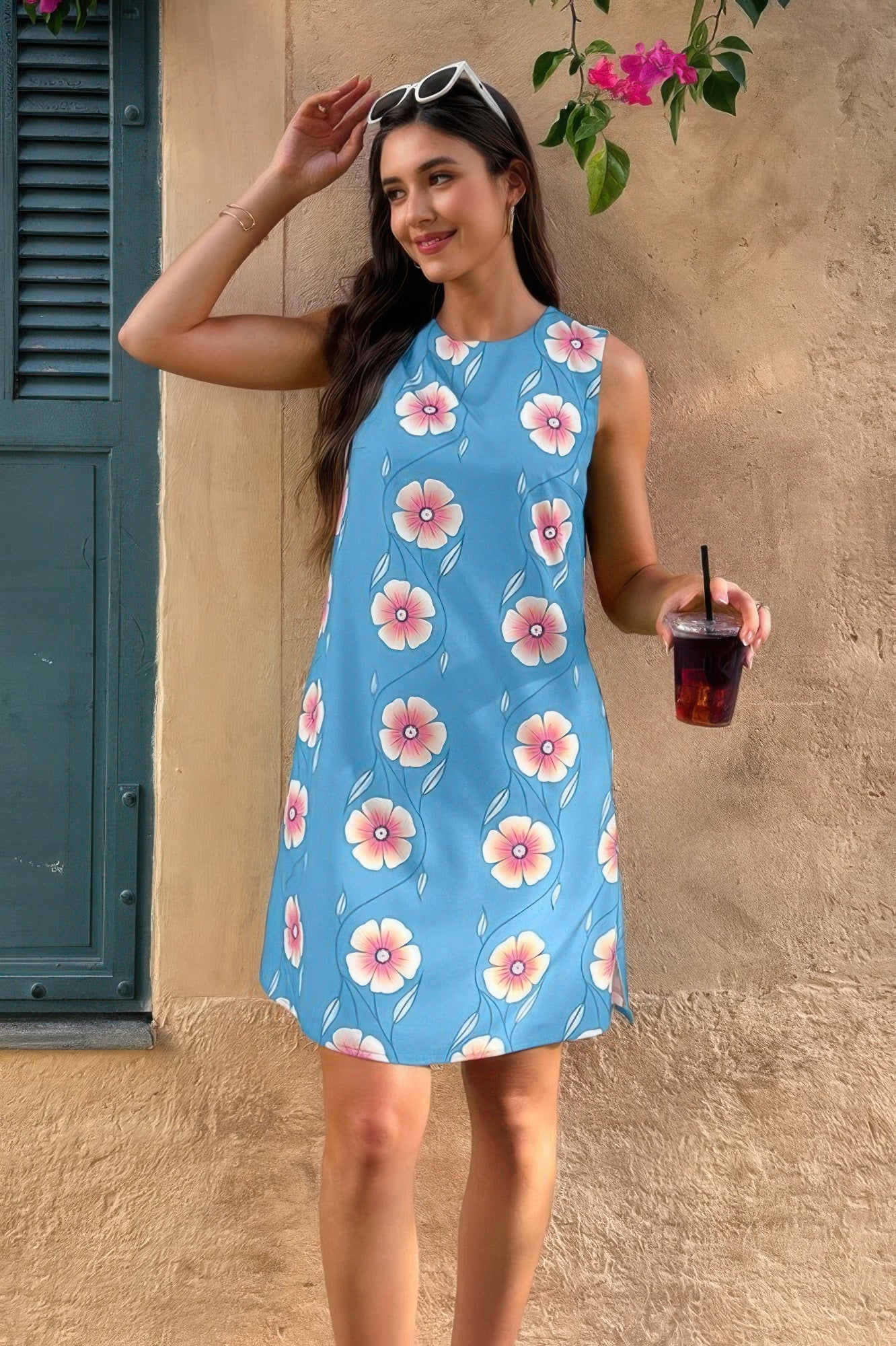 Round Neck Floral Print Sleeveless Loose Dress See size chart under “more details”