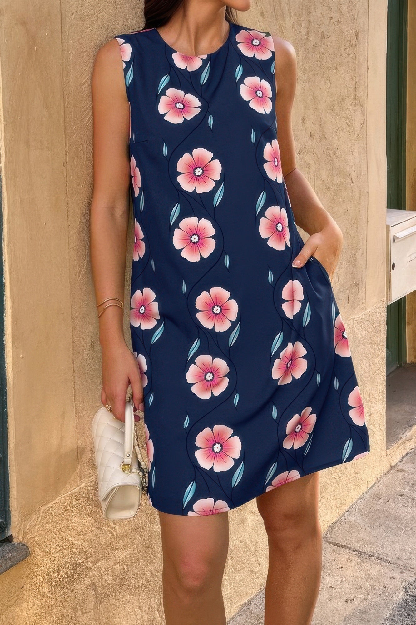 Round Neck Floral Print Sleeveless Loose Dress See size chart under “more details”