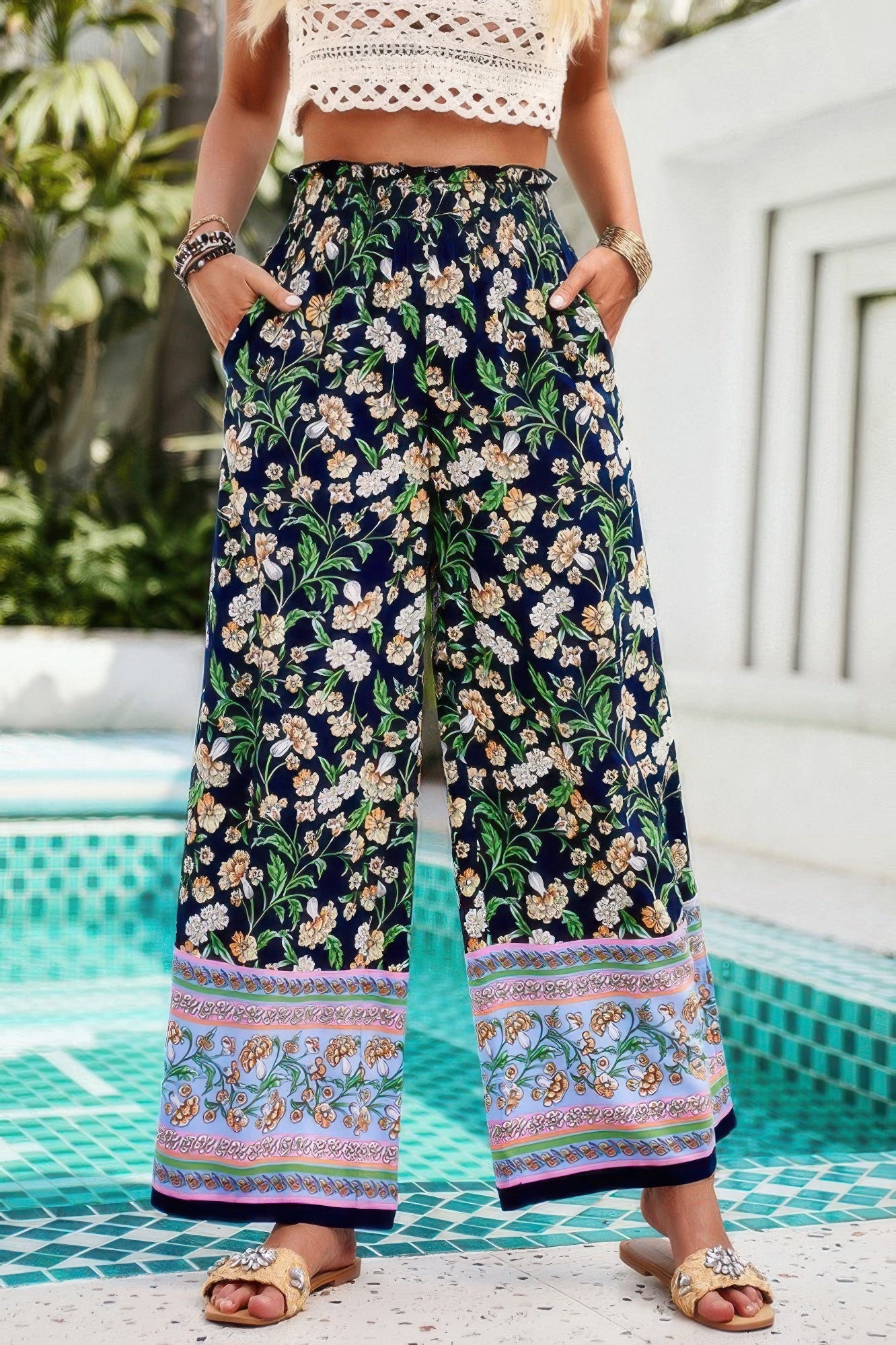 Floral Print Wide Stright Leg Pockets Elastic Pant See size chart under “more details”