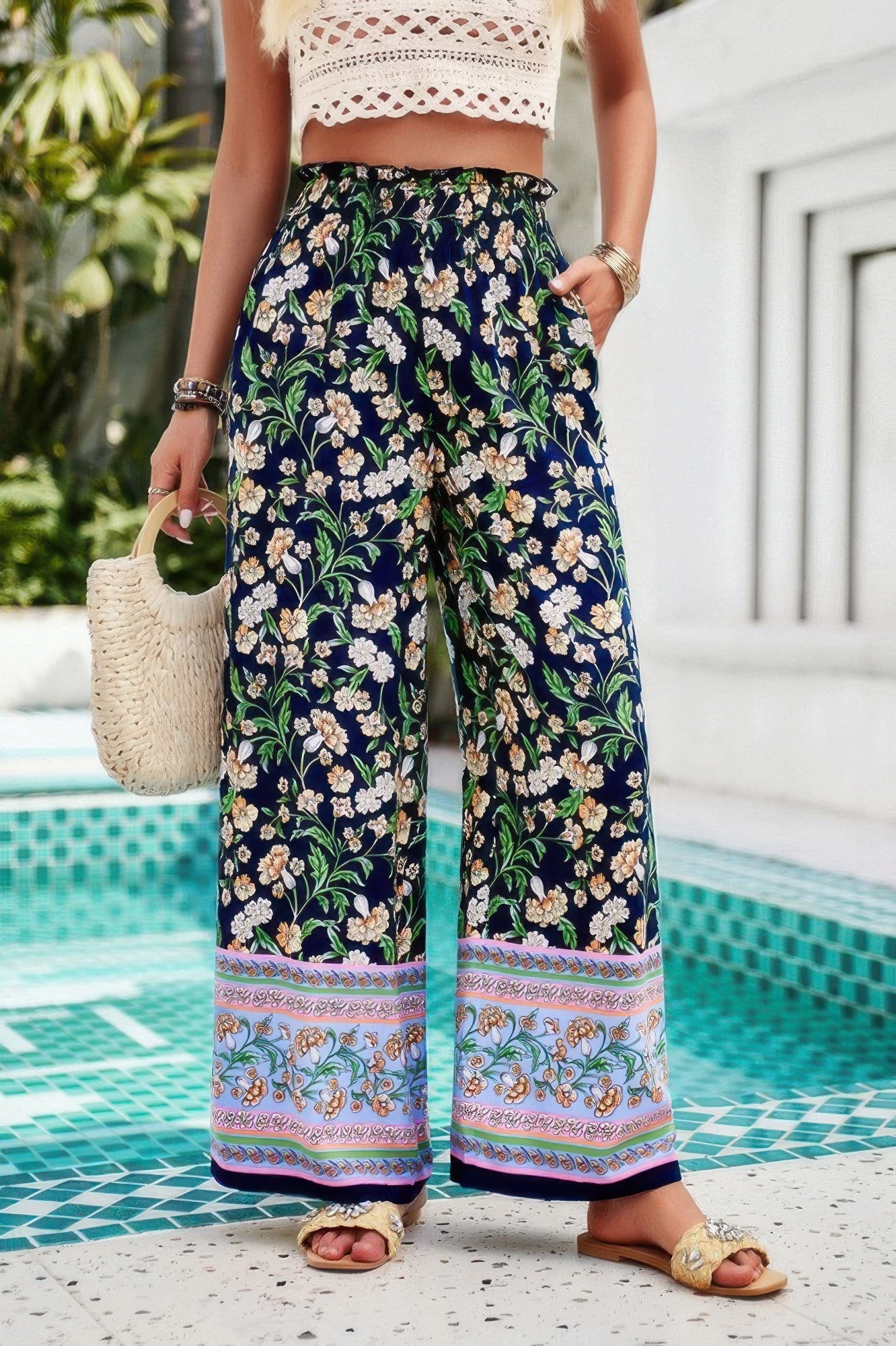 Floral Print Wide Stright Leg Pockets Elastic Pant See size chart under “more details”
