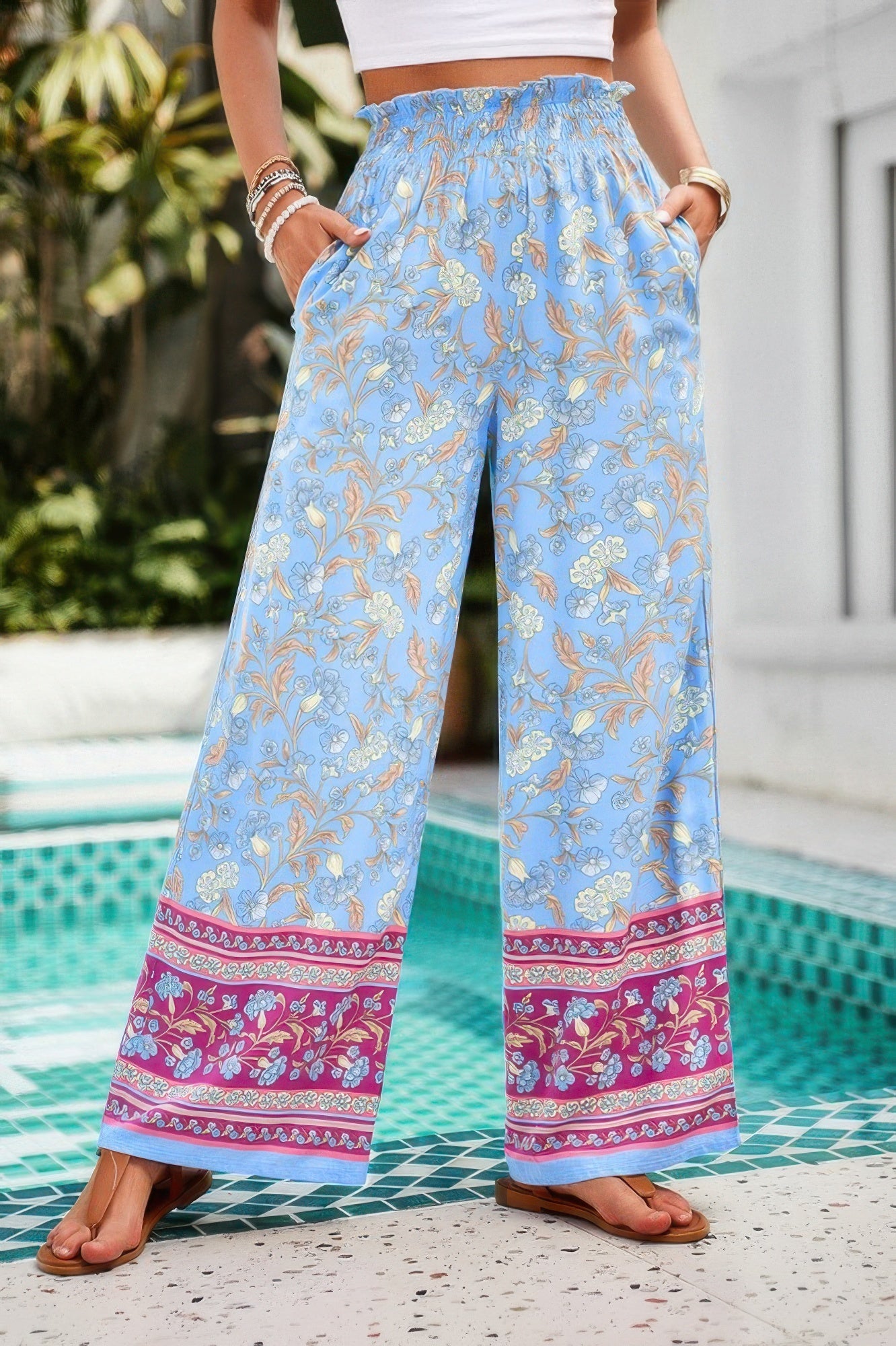 Floral Print Wide Stright Leg Pockets Elastic Pant See size chart under “more details”