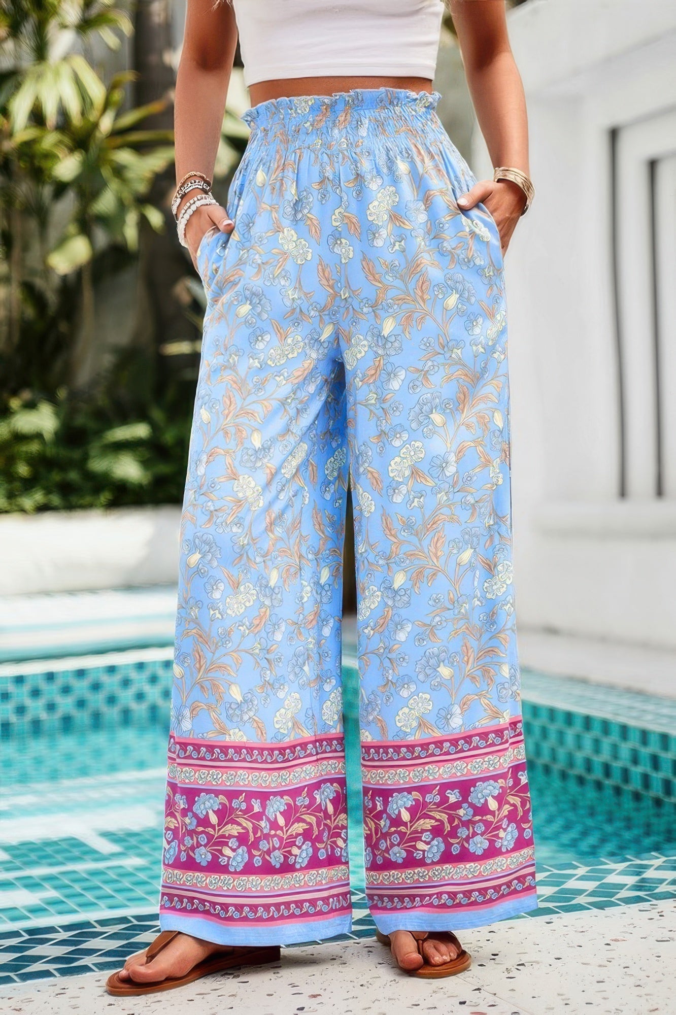 Floral Print Wide Stright Leg Pockets Elastic Pant See size chart under “more details”