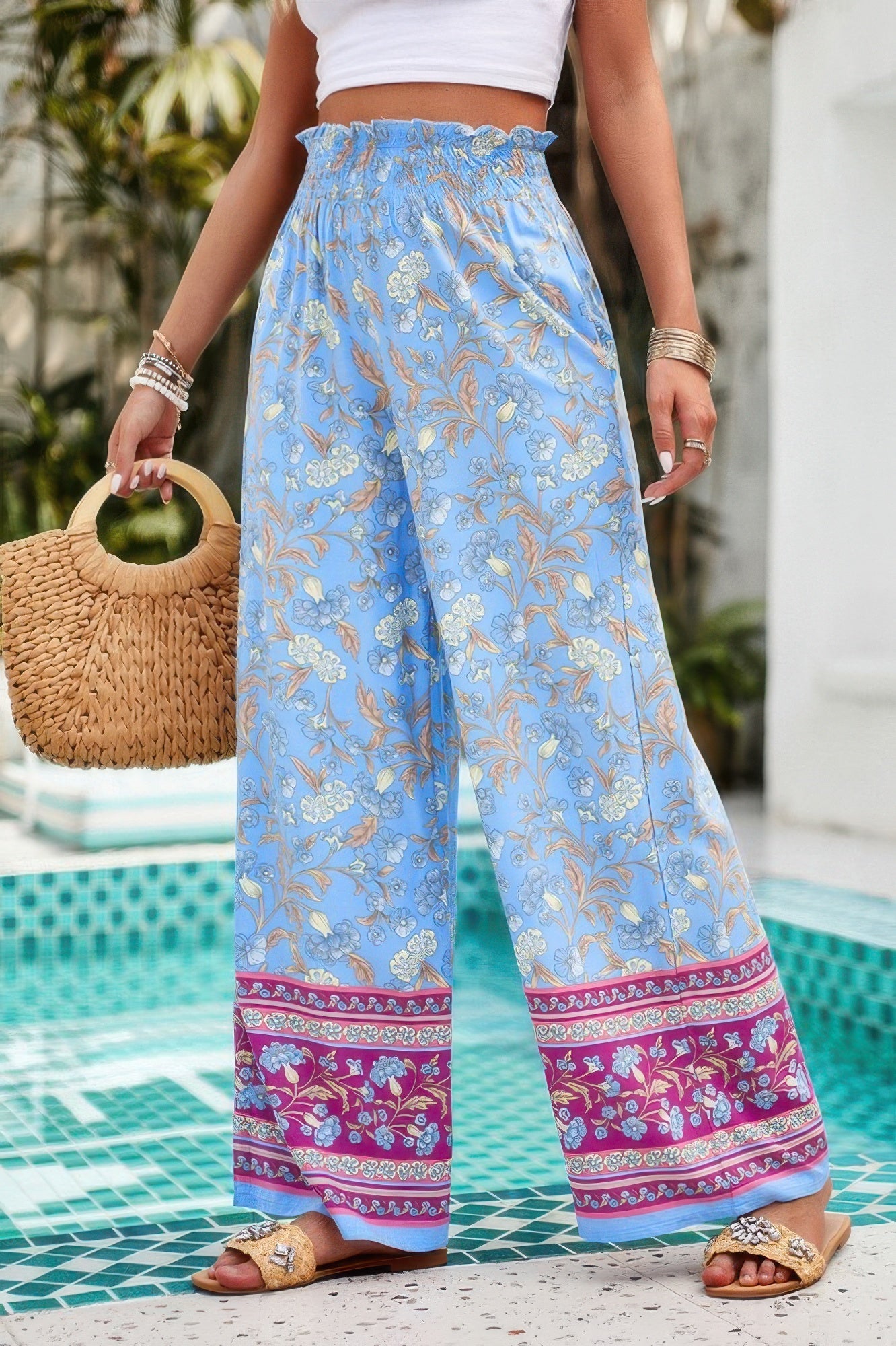 Floral Print Wide Stright Leg Pockets Elastic Pant See size chart under “more details”