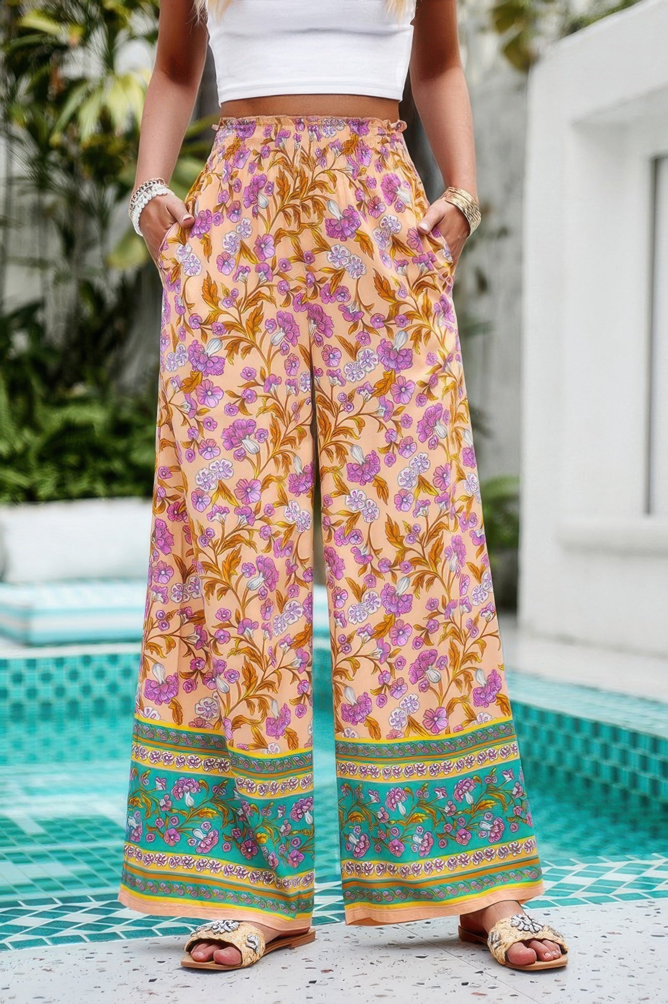Floral Print Wide Stright Leg Pockets Elastic Pant See size chart under “more details”