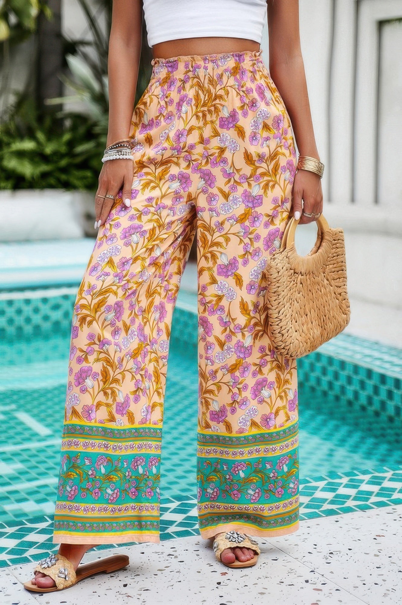 Floral Print Wide Stright Leg Pockets Elastic Pant See size chart under “more details”