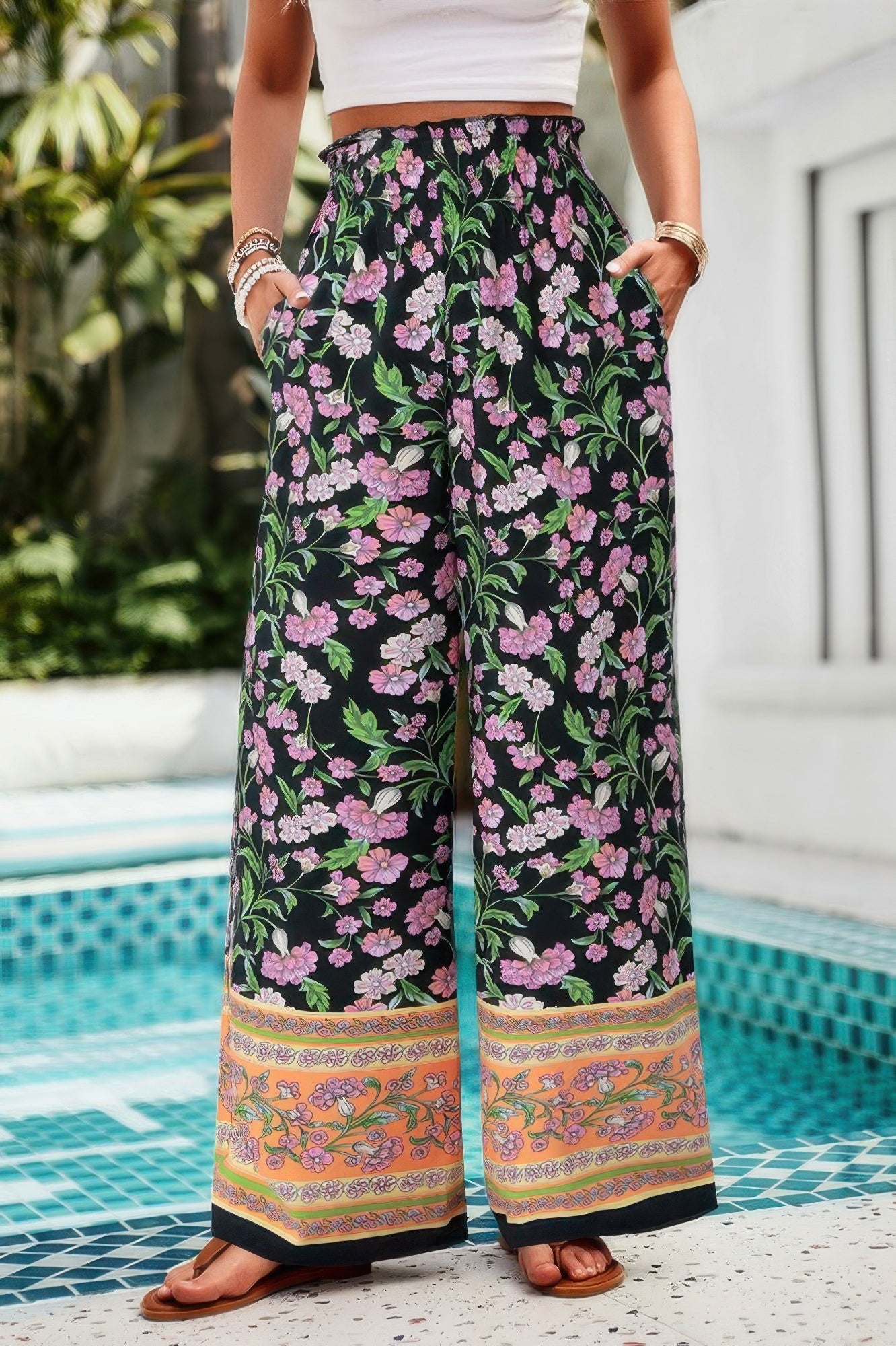 Floral Print Wide Stright Leg Pockets Elastic Pant See size chart under “more details”