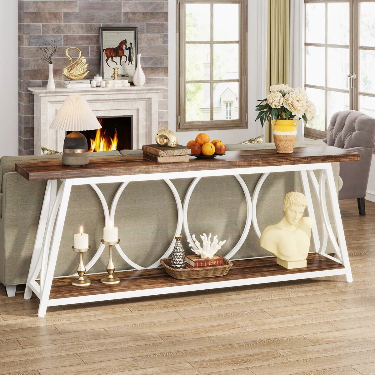 Mesa de sofá industrial de 70 pulgadas con tapa de madera marrón y estructura de metal blanco de alta resistencia