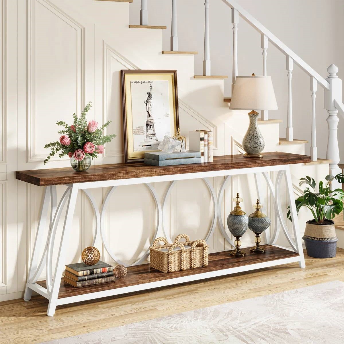 Mesa de sofá industrial de 70 pulgadas con tapa de madera marrón y estructura de metal blanco de alta resistencia