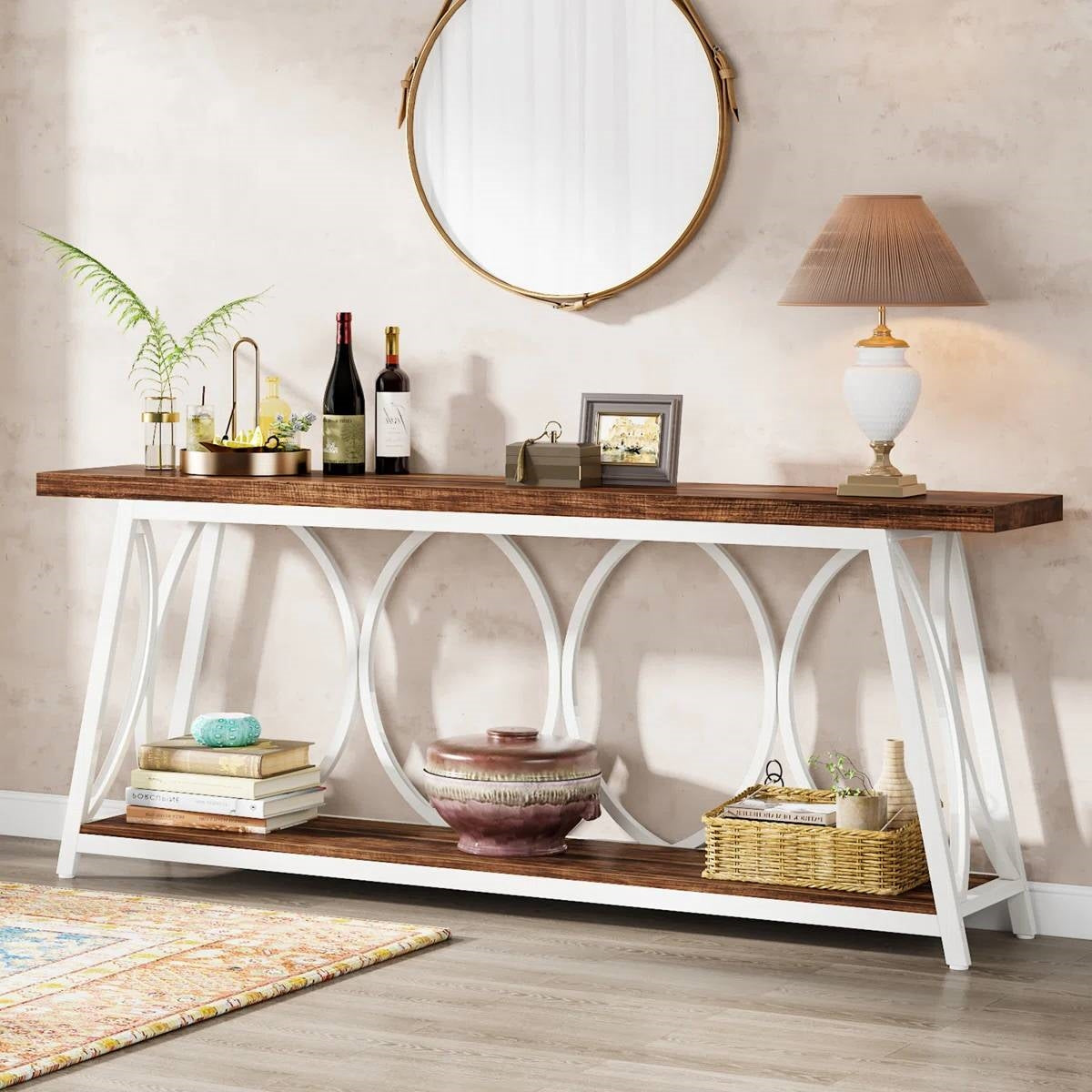 Mesa de sofá industrial de 70 pulgadas con tapa de madera marrón y estructura de metal blanco de alta resistencia