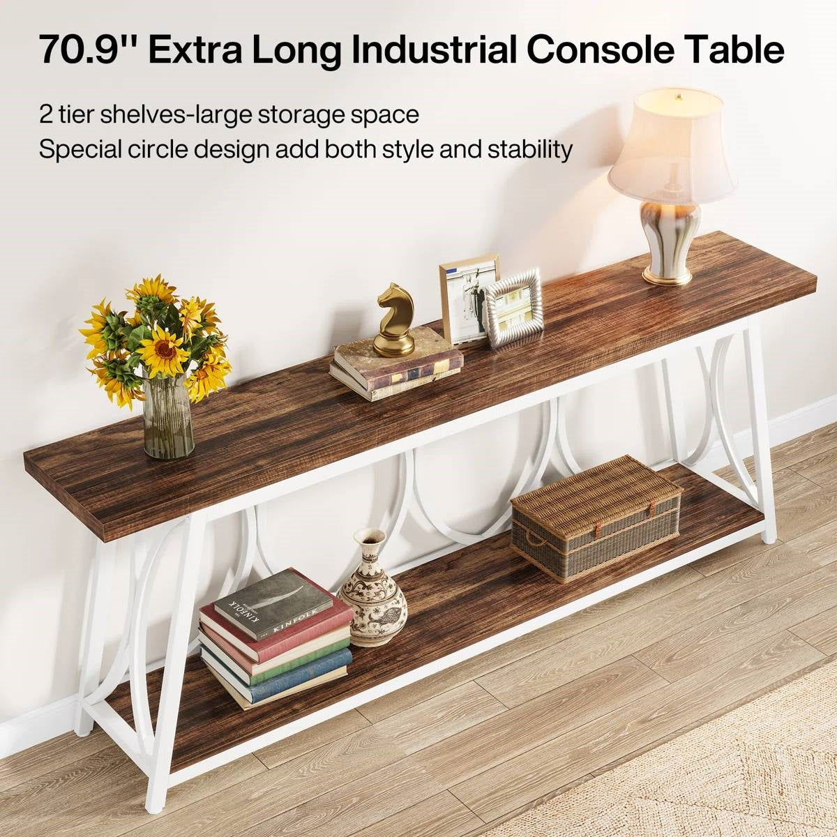 Mesa de sofá industrial de 70 pulgadas con tapa de madera marrón y estructura de metal blanco de alta resistencia