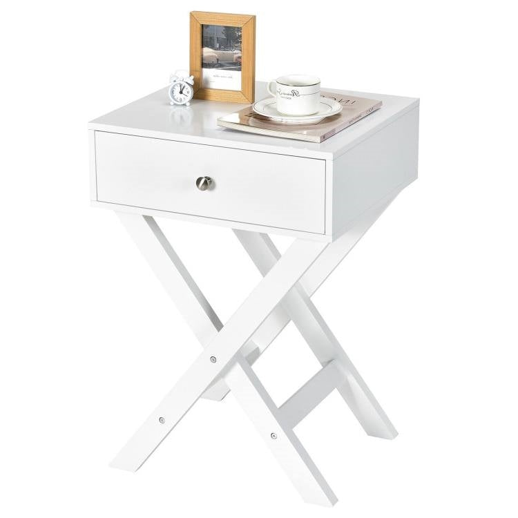 Mesa de noche/auxiliar en forma de X con 1 cajón y espacio de almacenamiento en color blanco