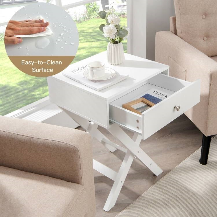 Mesa de noche/auxiliar en forma de X con 1 cajón y espacio de almacenamiento en color blanco