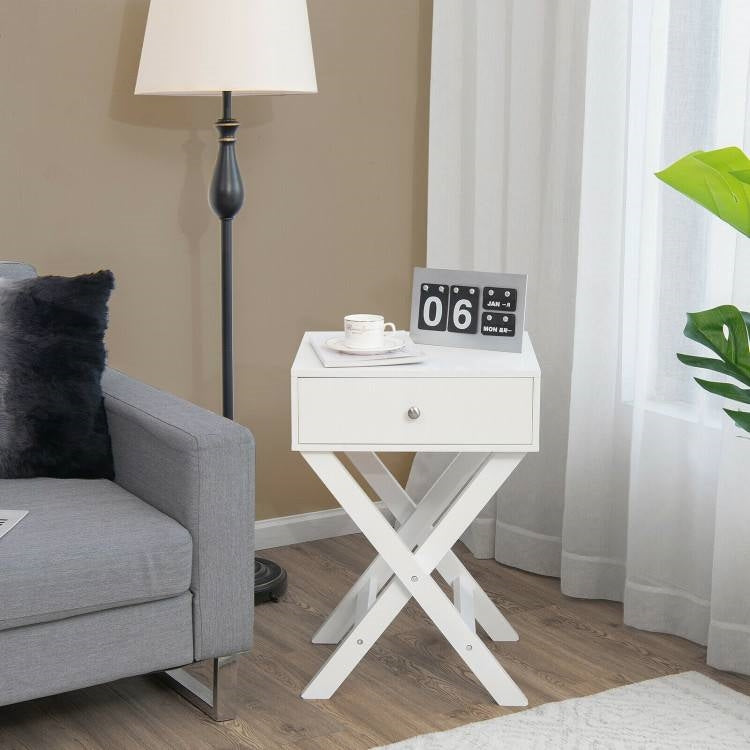 Mesa de noche/auxiliar en forma de X con 1 cajón y espacio de almacenamiento en color blanco
