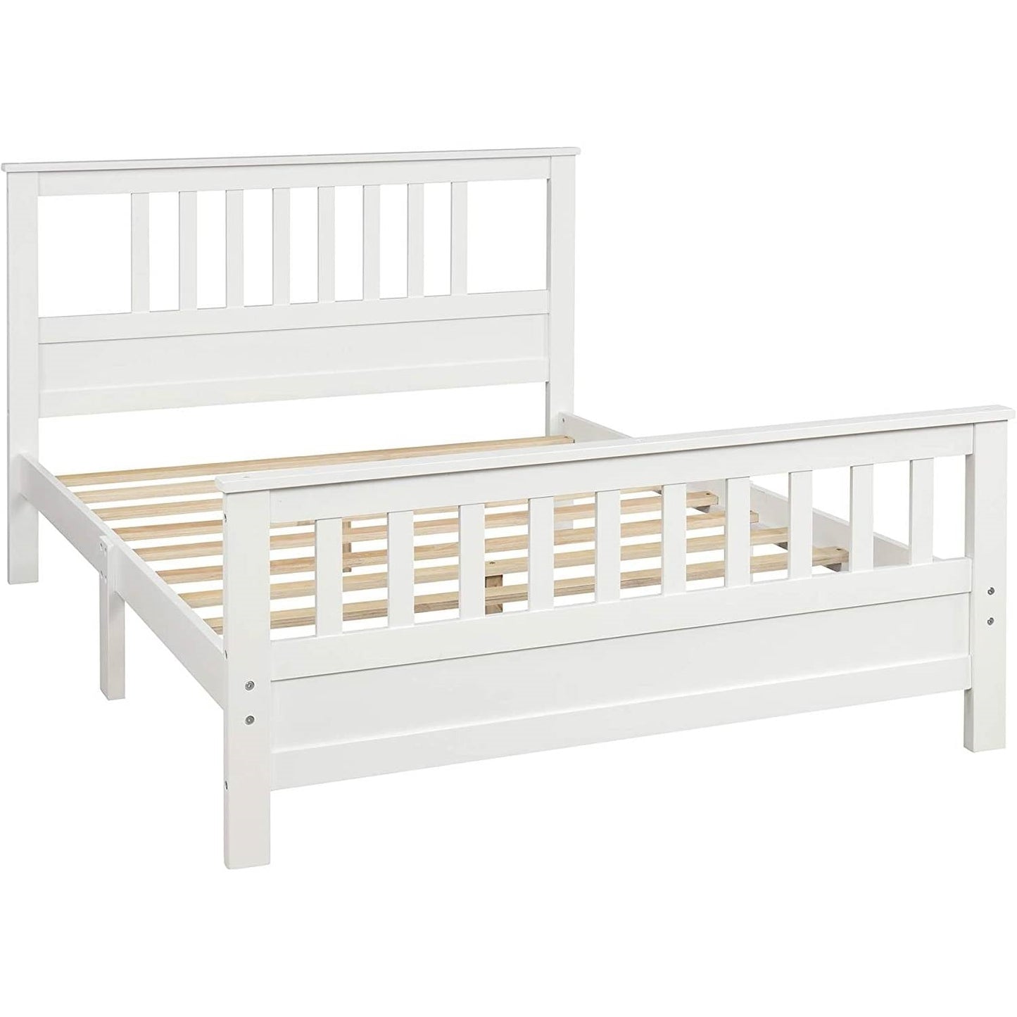 Cabecero y piecero de cama de plataforma con listones de madera de pino blanco, tamaño matrimonial