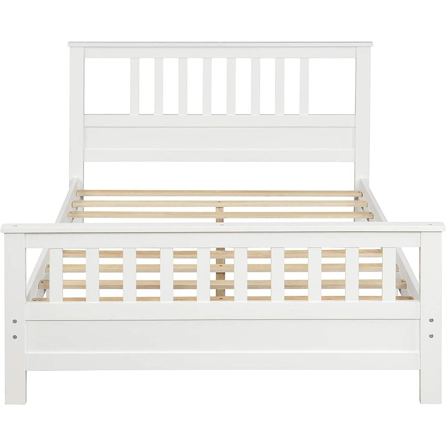Cabecero y piecero de cama de plataforma con listones de madera de pino blanco, tamaño matrimonial