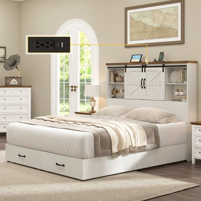 Cama de plataforma de casa de campo totalmente blanca con cabecero tipo estantería y cajones de almacenamiento