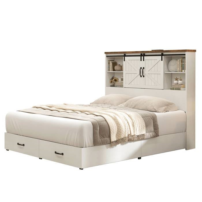 Cama de plataforma Queen blanca estilo granja con cabecero tipo biblioteca y cajones de almacenamiento