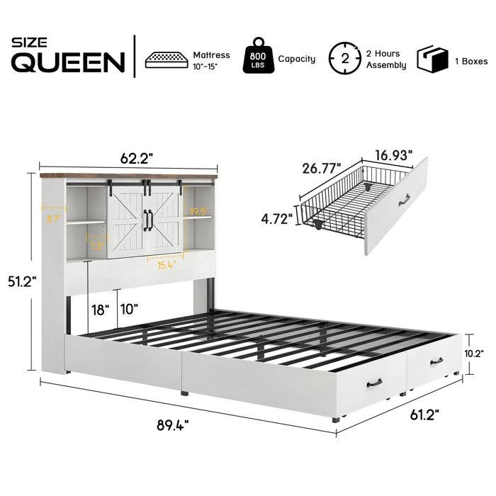 Cama de plataforma Queen blanca estilo granja con cabecero tipo biblioteca y cajones de almacenamiento