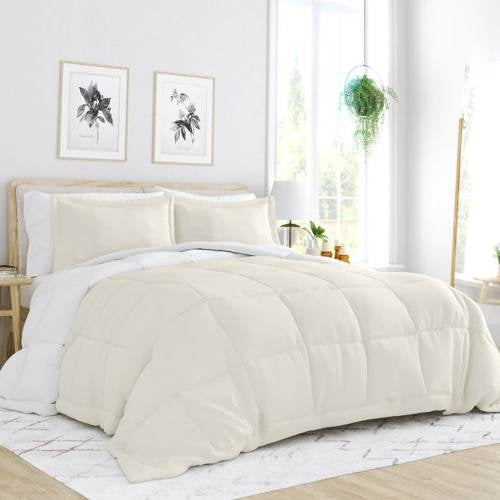 Juego de edredón reversible de microfibra de 3 piezas King/Cal King en blanco y crema