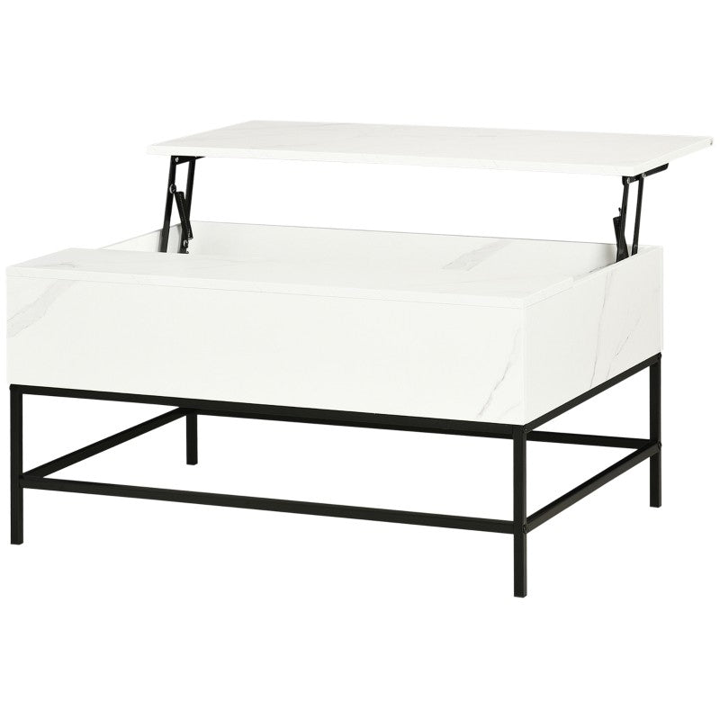 Mesa de centro moderna blanca elevable con almacenamiento oculto y patas de metal negras