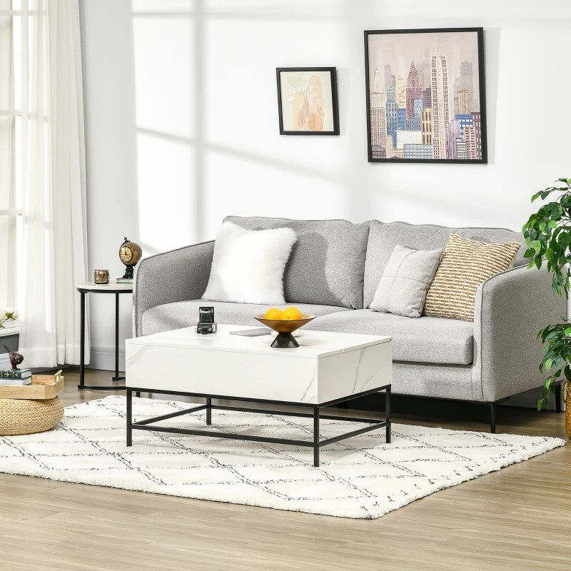 Mesa de centro moderna blanca elevable con almacenamiento oculto y patas de metal negras