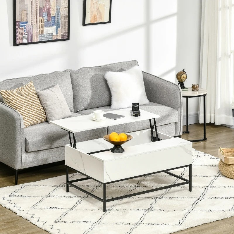 Mesa de centro moderna blanca elevable con almacenamiento oculto y patas de metal negras