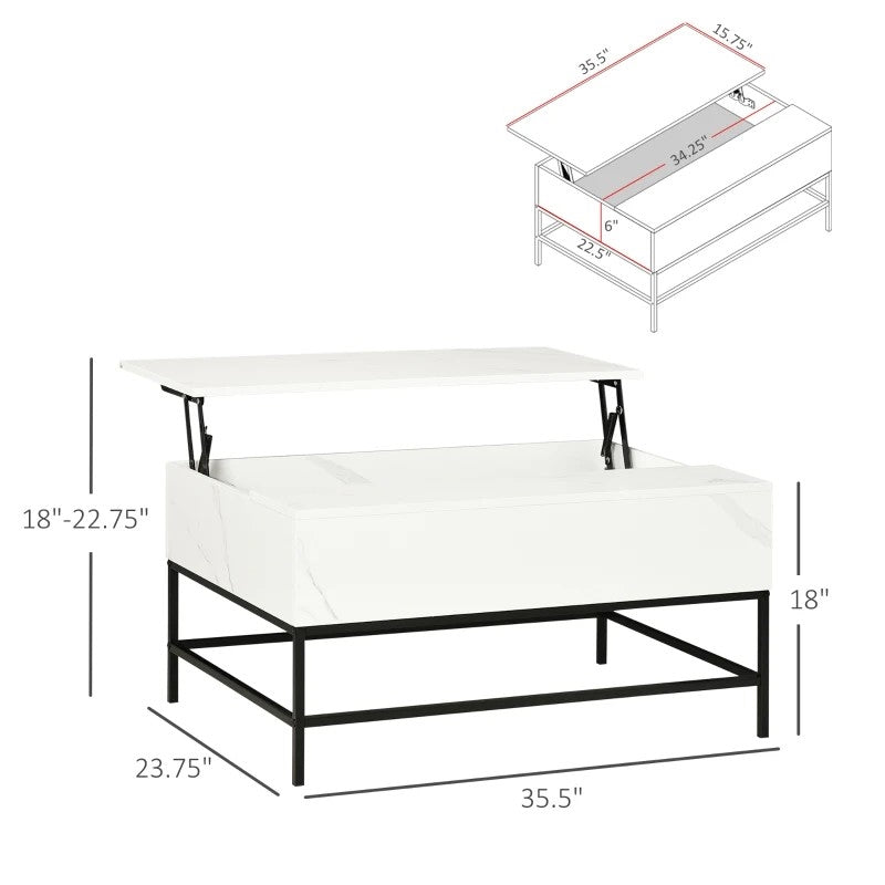 Mesa de centro moderna blanca elevable con almacenamiento oculto y patas de metal negras